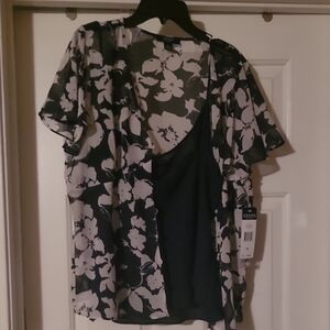Chaps Black and White Floral Blouse (2 Piece)